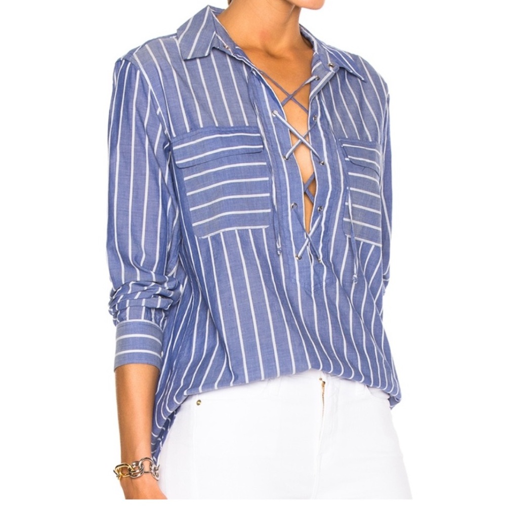 EQUIPMENT FEMME Knox Lace Up Blouse in Blue Stripe Sz L NWOT Nautical Coastal